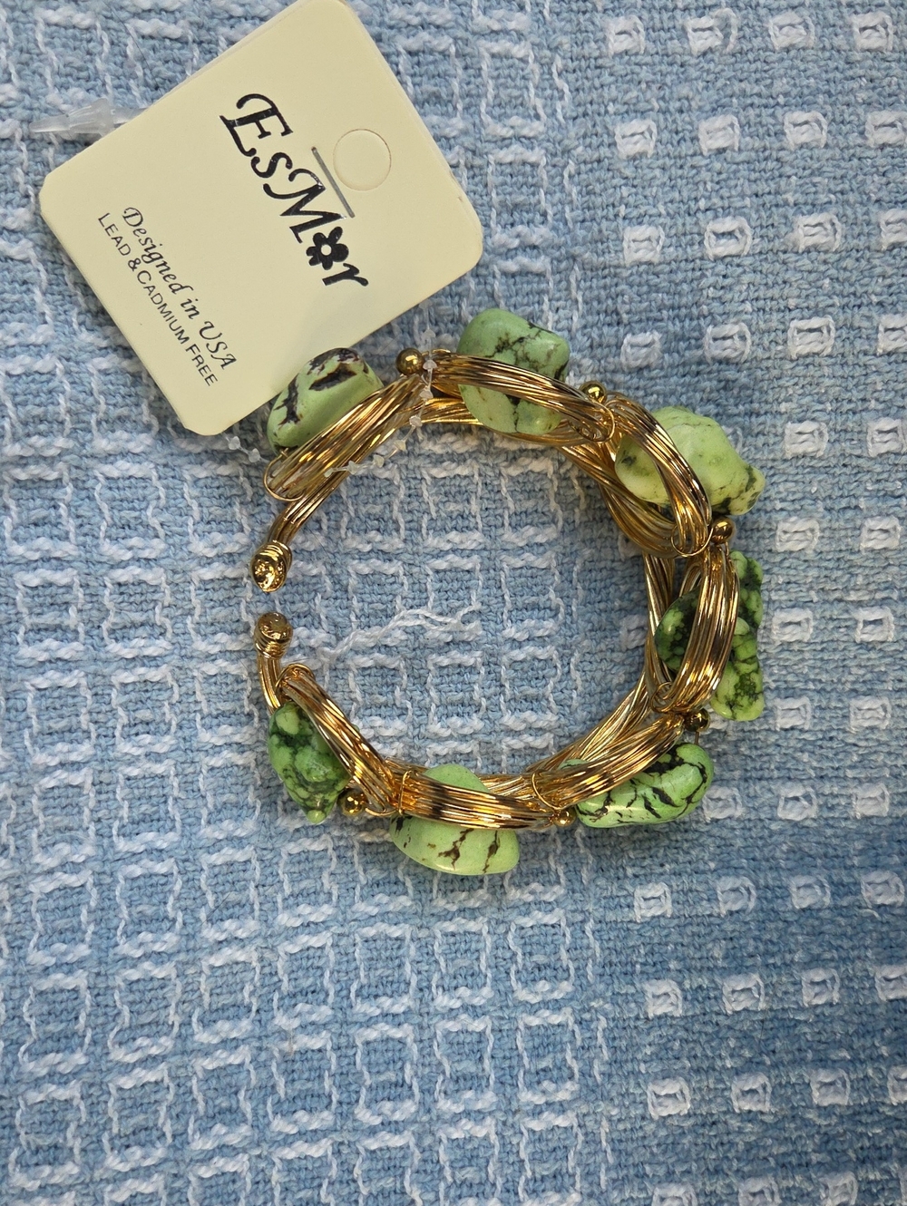 EsMor Boho Gold Wire Wrapped Cuff Bracelet Green Turquoise Stones. NWT.